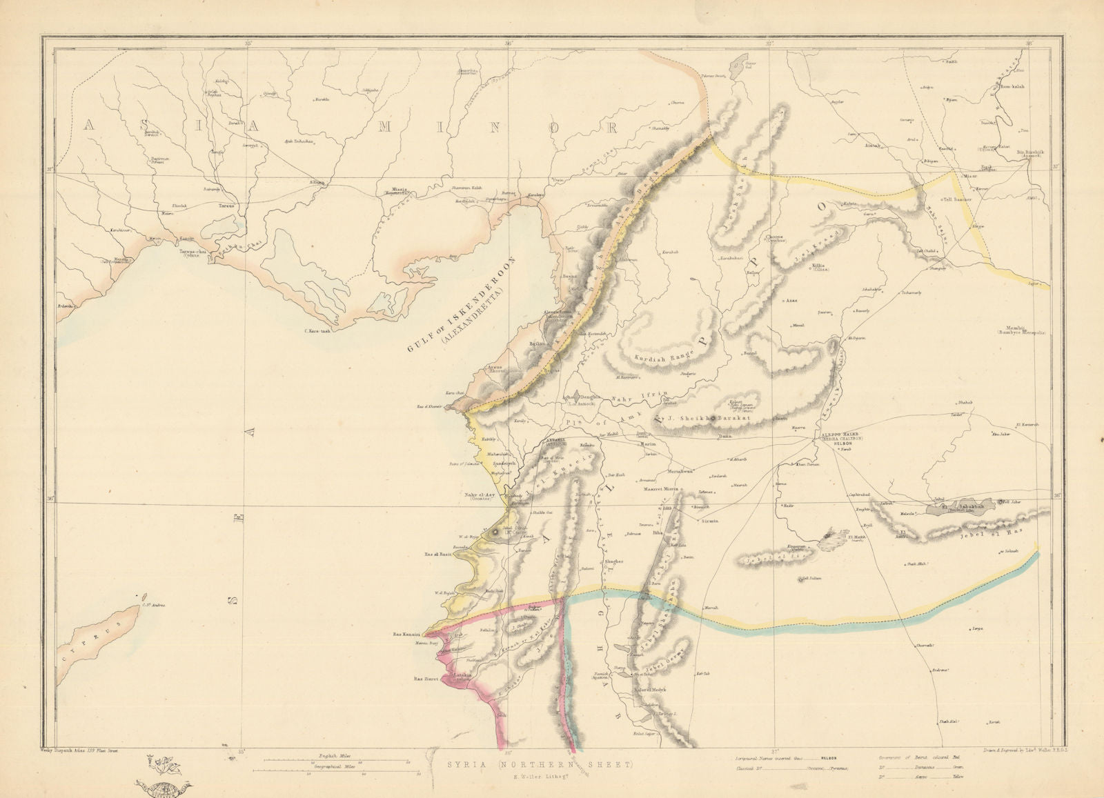 ALEPPO PROVINCE Syria Turkey Gulf of Iskenderun Antioch/Antakya.WELLER 1863 map